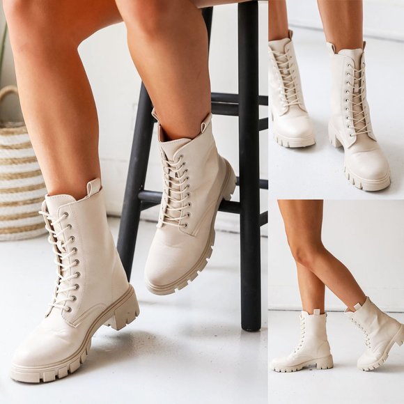 Qupid Shoes - NEW Laced Up Lug Sole Zipper Back Faux Leather Combat Boots Booties Stone Ivory